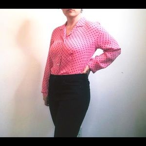 Vintage Pink and Black polka dot silk blouse